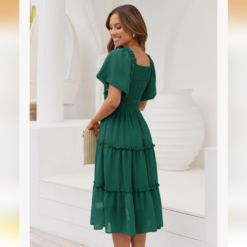 Smocked Square Neck Tiered Midi Dress - Picture 3 of 12